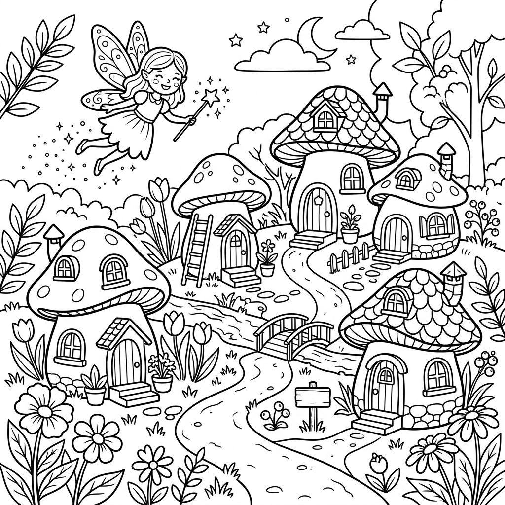 A free printable coloring page showing a charming fairy village with whimsical mushroom houses, tiny pathways, various flowers, and small hidden fairies, ideal for kids.