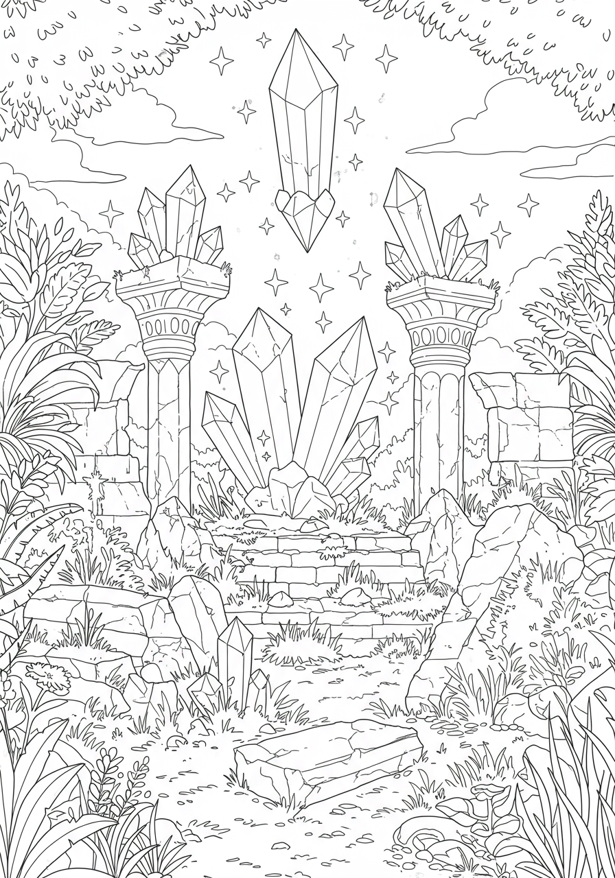Free printable coloring page showing ancient ruins with large, glowing crystals floating in the air, surrounded by mystical foliage, perfect for kids.