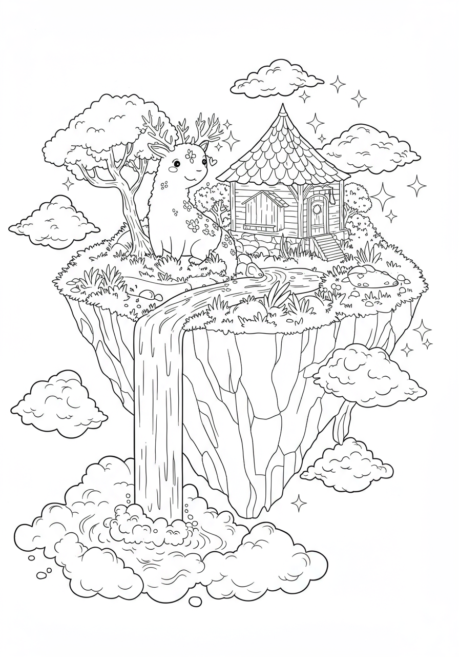 A free printable coloring page depicting a whimsical floating island with a flowing waterfall, surrounded by clouds, perfect for kids.