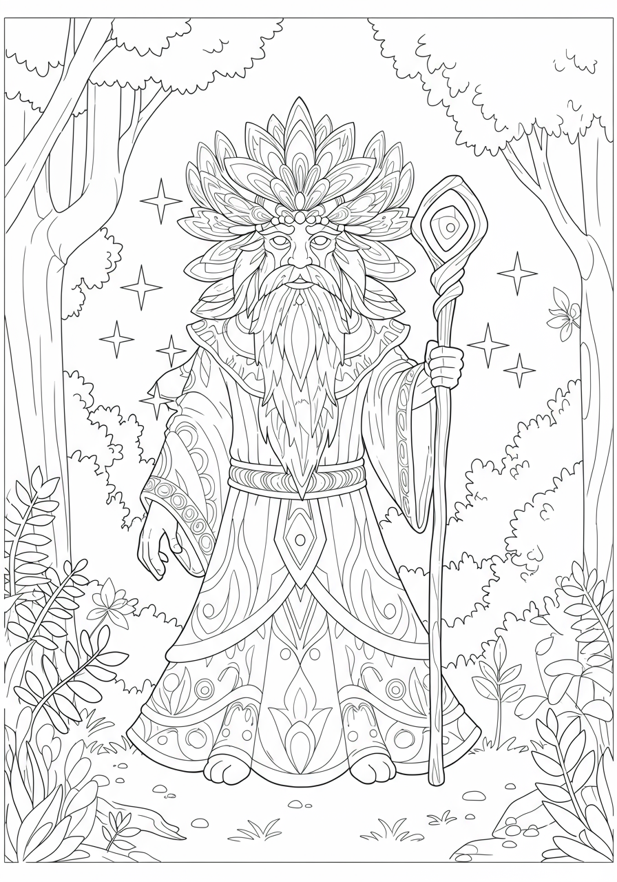 A free printable coloring page depicting a friendly ancient forest guardian spirit with flowing robes and a staff, surrounded by trees and leaves, designed for kids to color.