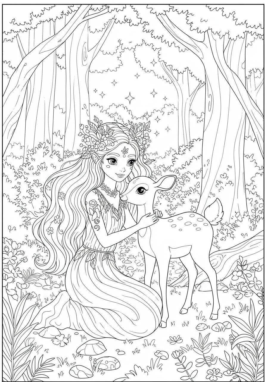 Free printable Forest Nymph with a gentle deer coloring page for children, showing a magical forest scene with a female mythical creature and an animal.
