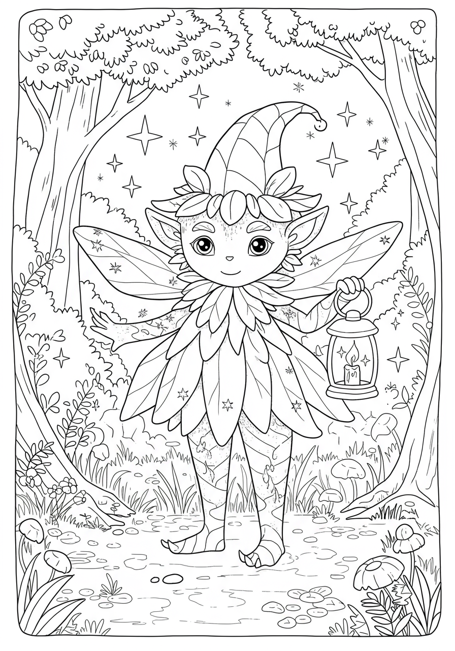 Free printable Forest Sprite with Lantern coloring page for kids, featuring a whimsical sprite holding a glowing lantern in a magical forest scene.