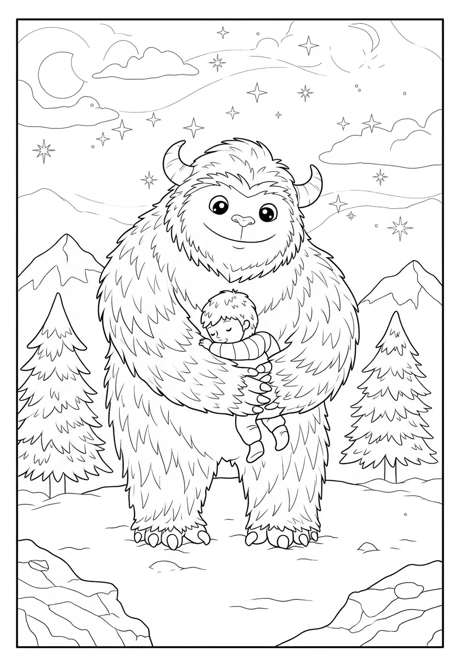 A free printable coloring page depicting a giant friendly yeti giving a warm hug to a small child in a snowy mountain landscape, suitable for kids.