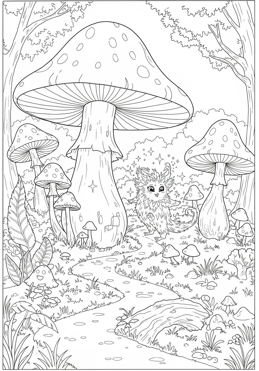 A free printable coloring page showing a whimsical giant mushroom forest path for kids. Features large fantasy mushrooms, a winding path, and simple nature elements for easy coloring.