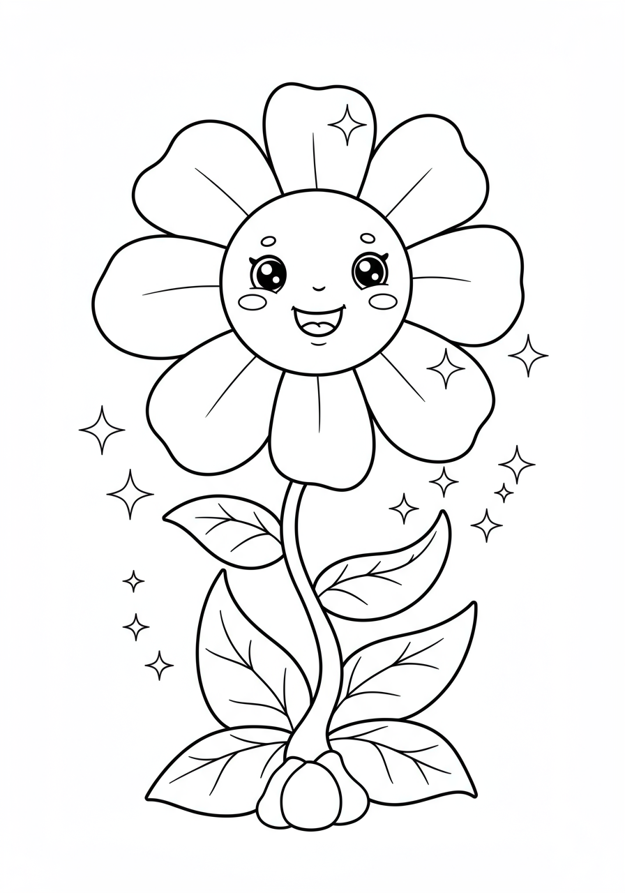 A free printable coloring page featuring a friendly giant talking flower with a smiling face and large petals, suitable for kids in an easy fantasy style.