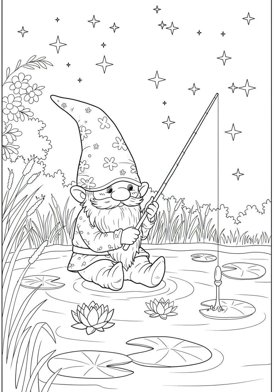 Free printable coloring page featuring a cute gnome with a pointy hat fishing patiently in a calm pond with lily pads, suitable for kids.