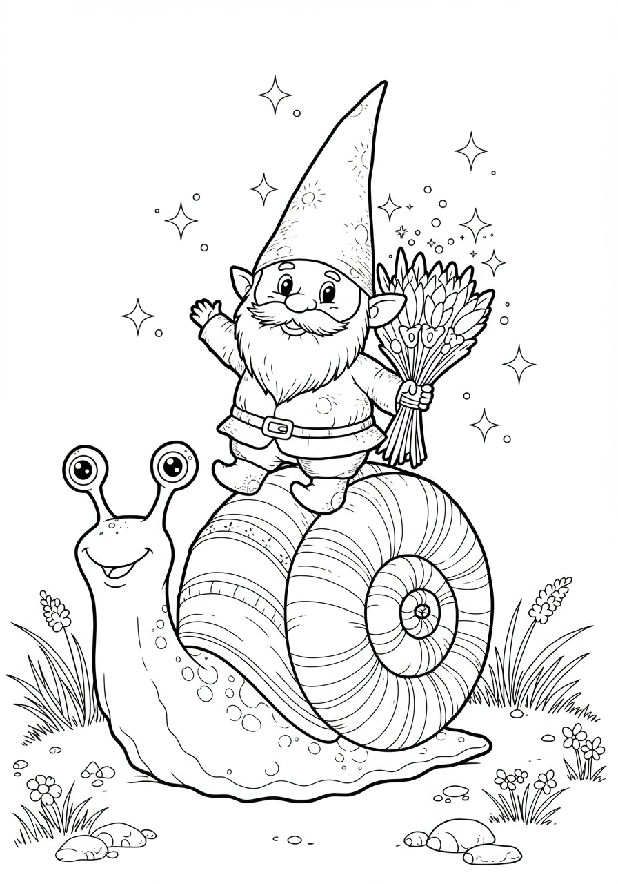 Free printable coloring page featuring a whimsical garden gnome with a pointy hat riding cheerfully on the back of a friendly snail, perfect for kids.