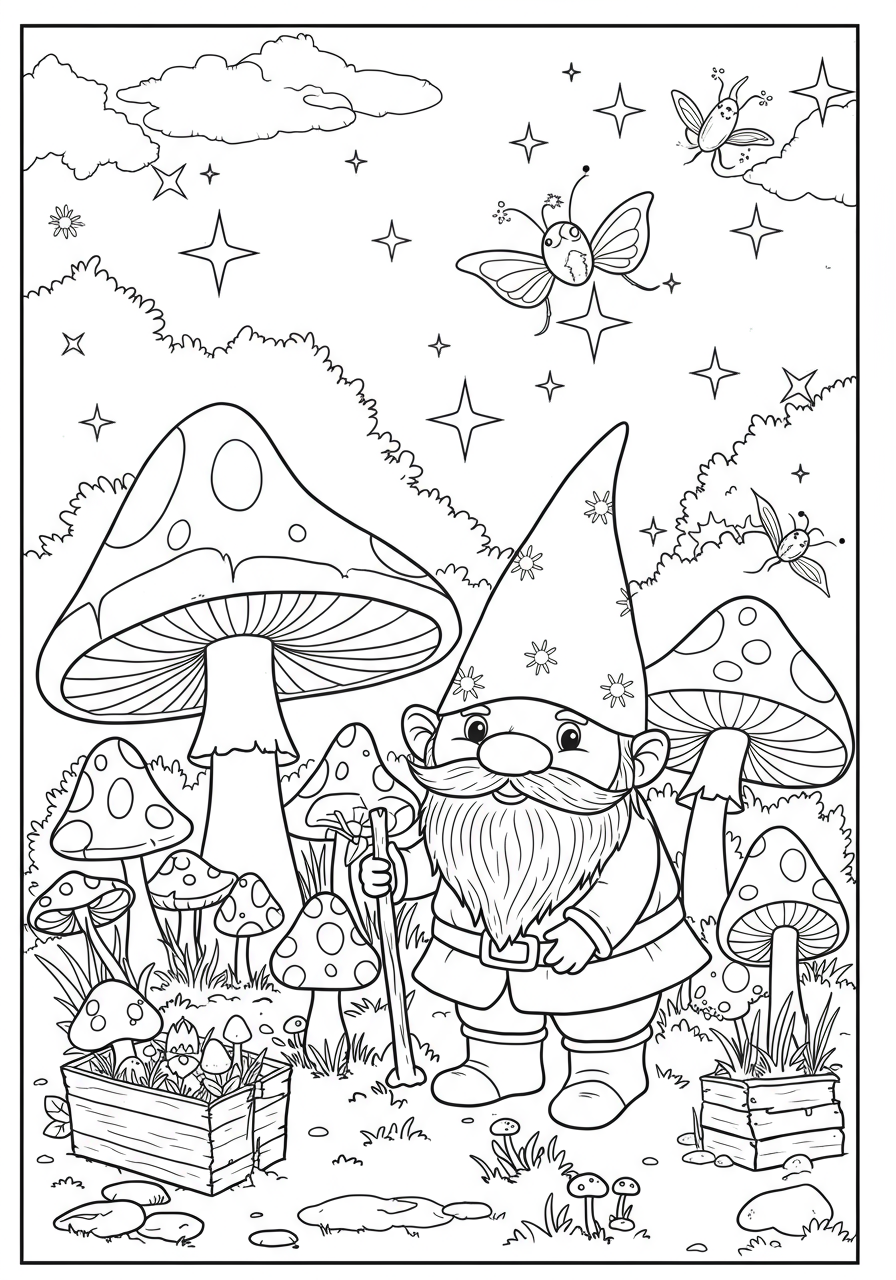 Free printable coloring page featuring a cheerful gnome tending to a whimsical mushroom garden, perfect for kids.
