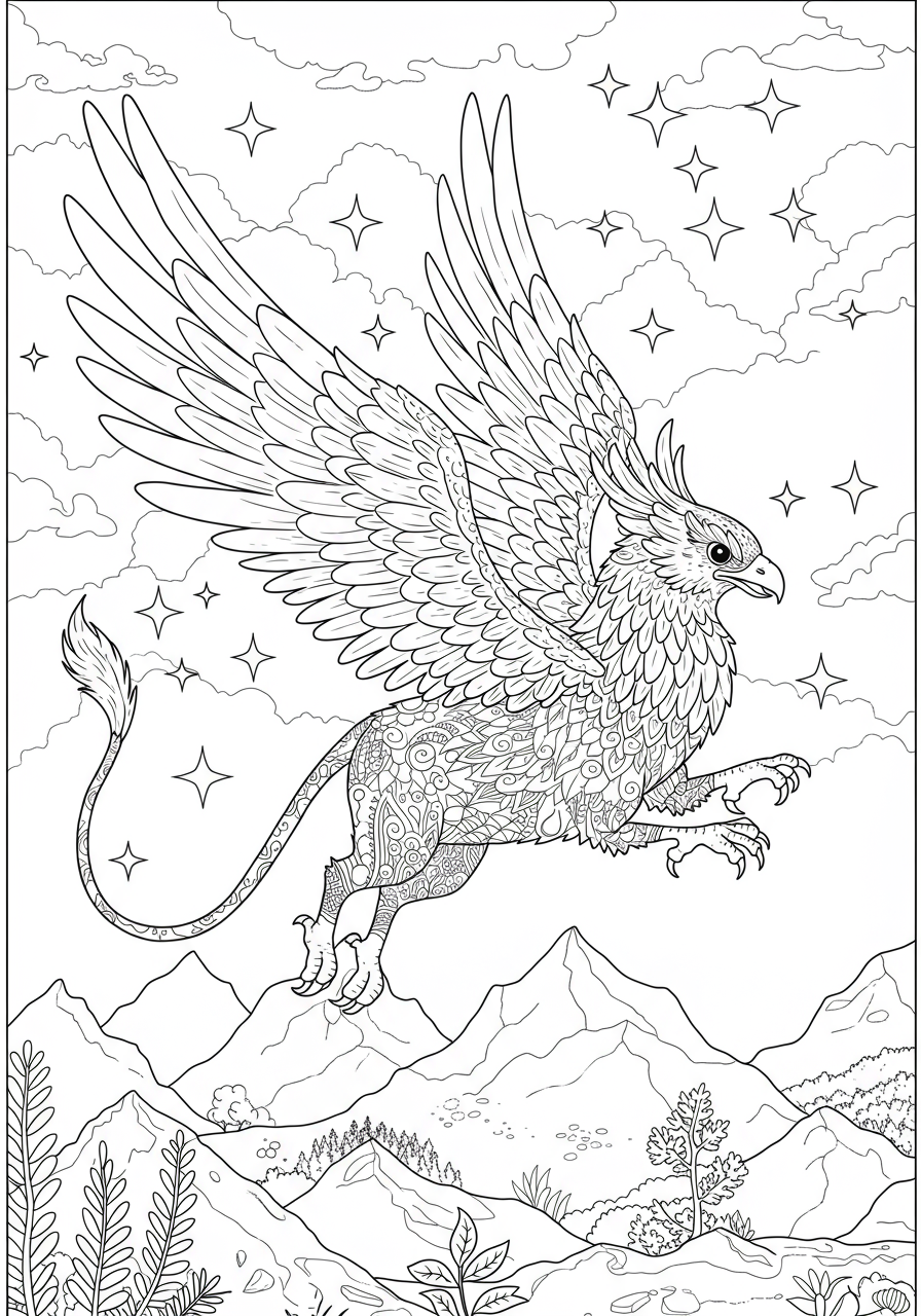 Free printable coloring page featuring a majestic griffin with eagle head and lion body soaring above rugged mountain peaks, suitable for kids.