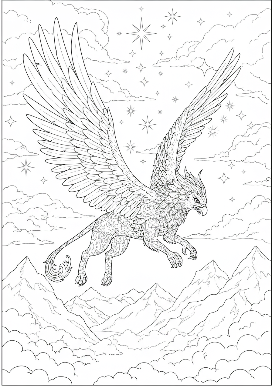 Free printable coloring page depicting a majestic griffin with a lion's body and eagle's wings, soaring high above snow-capped mountains and clouds.