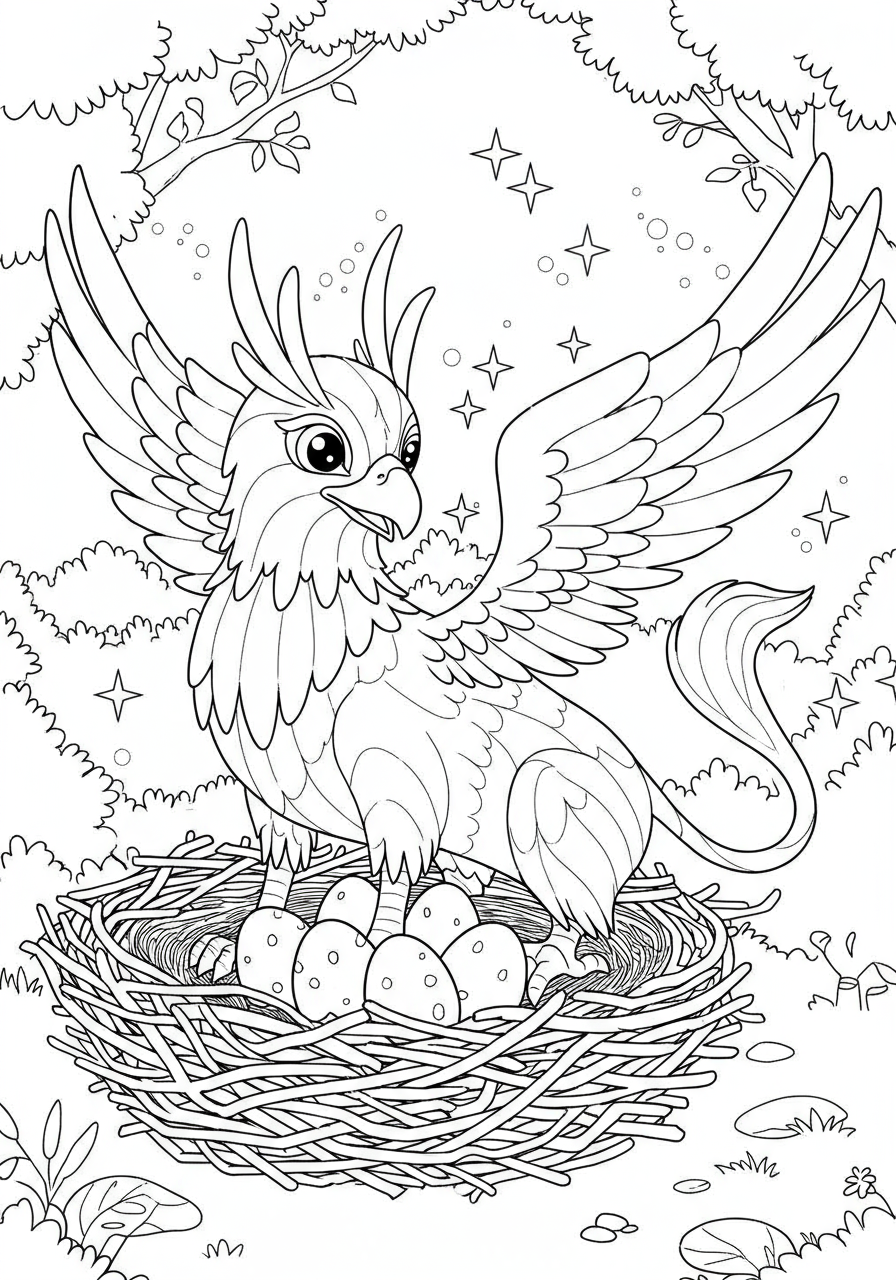 Free printable Griffon protecting its nest coloring page for kids, showing a majestic mythical creature with an eagle head and lion body guarding its eggs in a nest, easy difficulty.