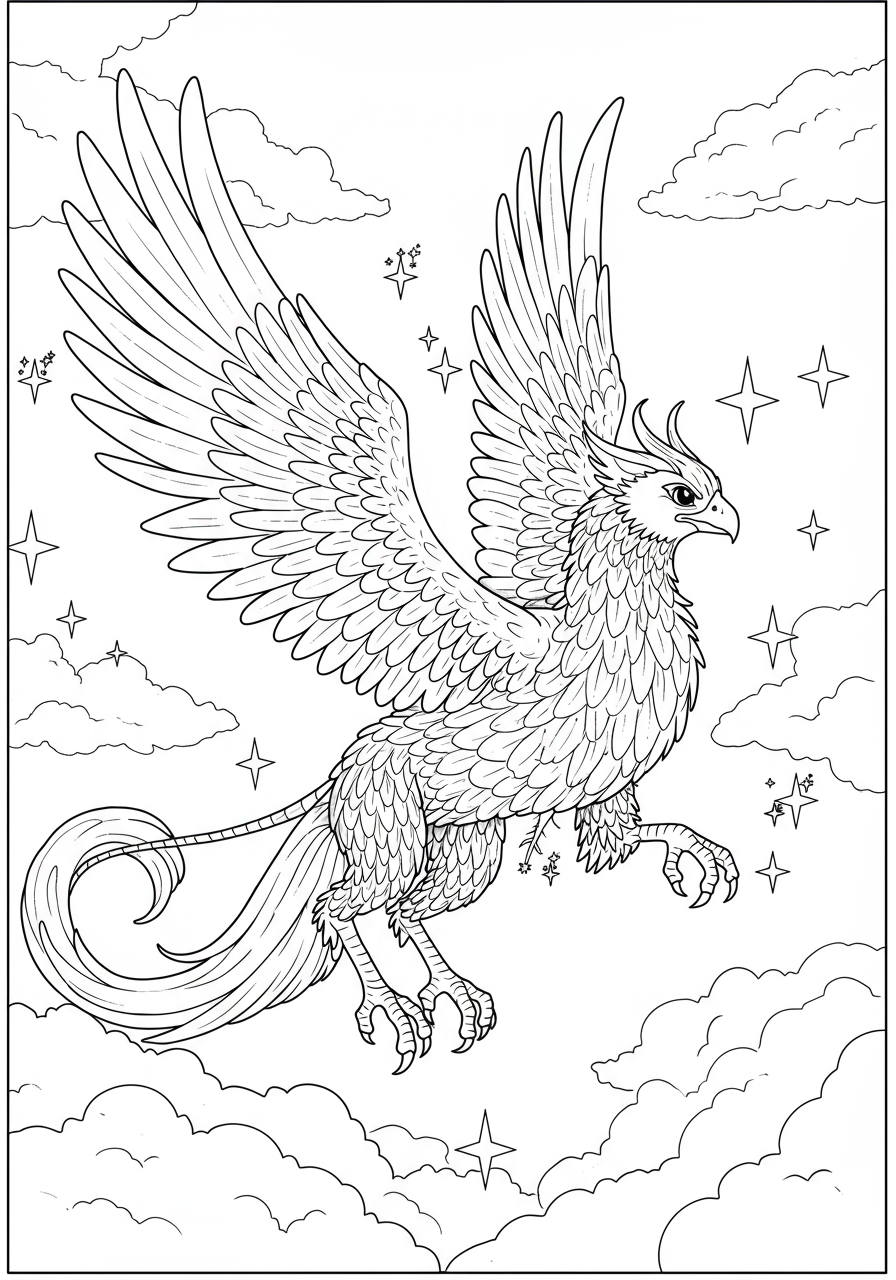Free printable coloring page featuring a majestic gryphon with outstretched wings, soaring gracefully above fluffy clouds in a whimsical sky, perfect for young artists.
