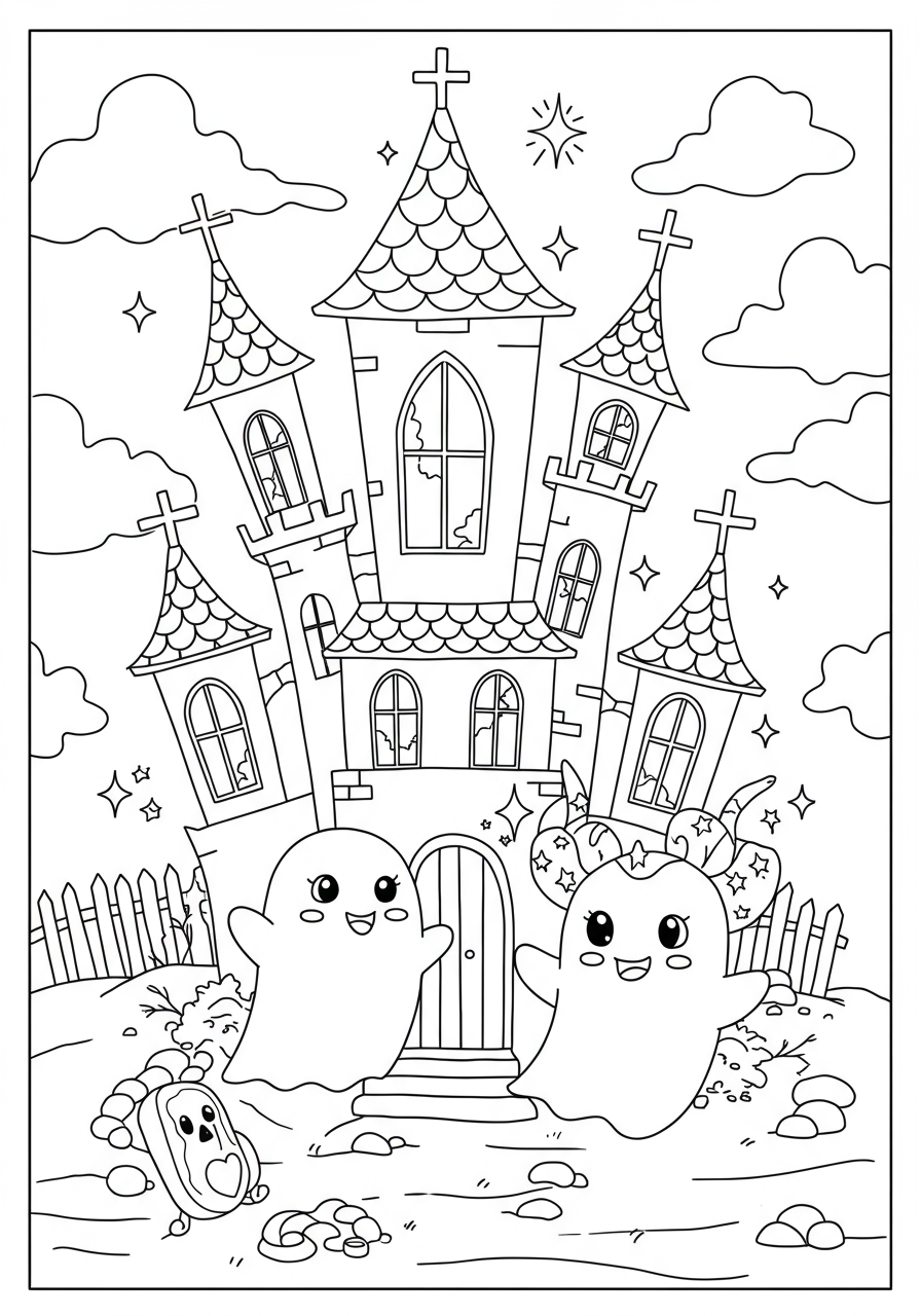 Free printable coloring page featuring an easy-to-color haunted castle with glowing windows and a friendly, glowing ghost, perfect for kids.
