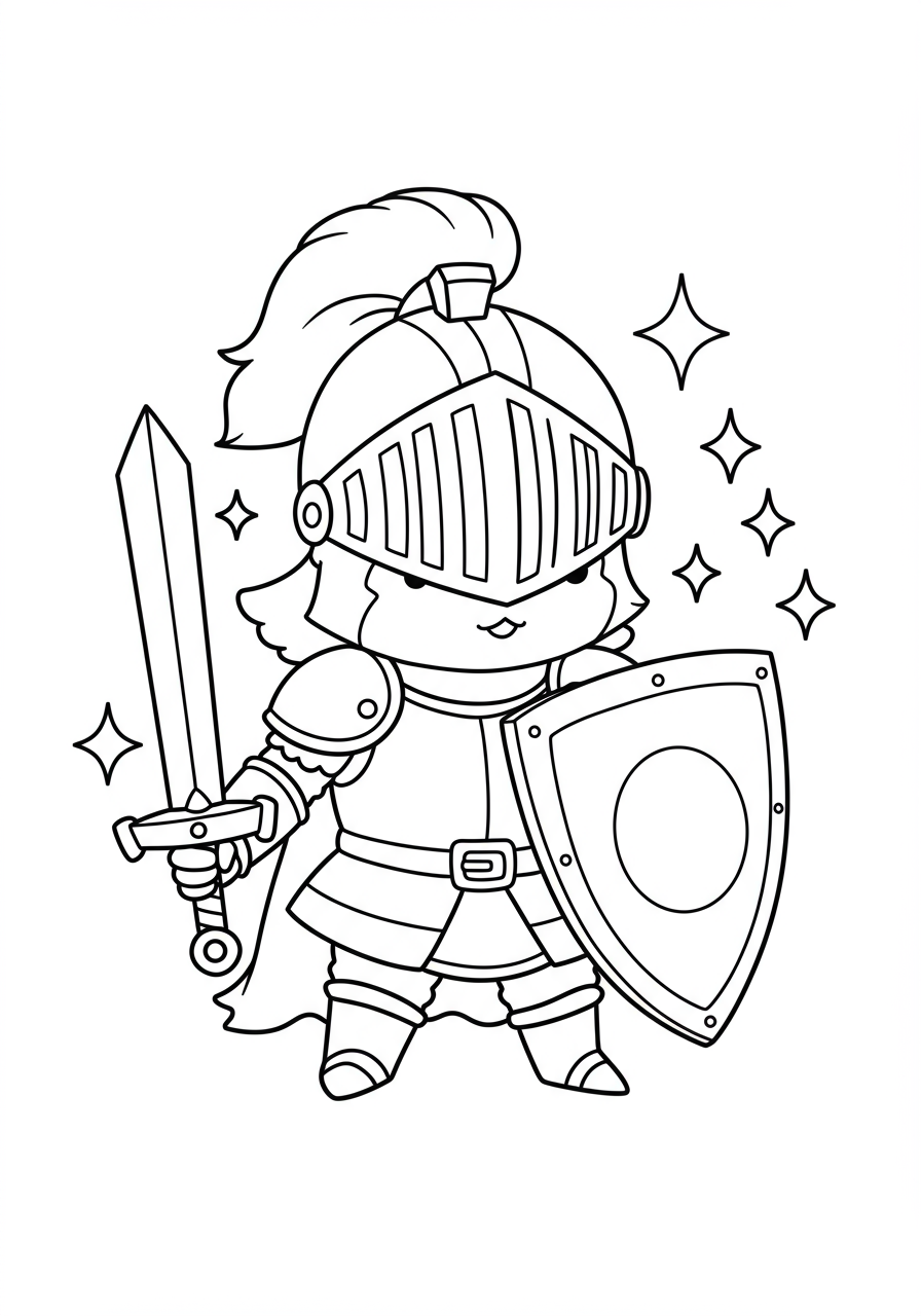 Free printable Knight in Shining Armor coloring page for kids, featuring a brave knight with a helmet, shield, and sword, ready for adventure.