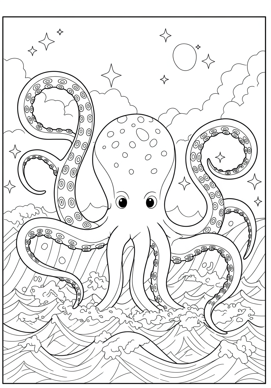 Free printable coloring page featuring a giant Kraken monster emerging from the ocean waves with large tentacles, ready for kids to color.