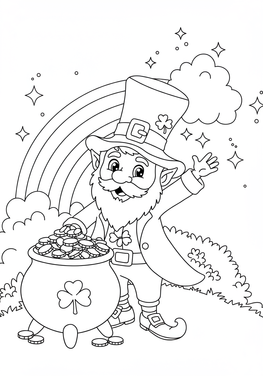 Free printable Leprechaun with Pot of Gold coloring page for kids, easy fantasy design featuring a leprechaun, gold coins, and a rainbow.