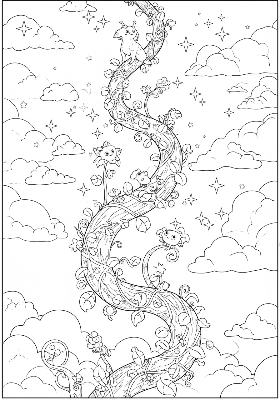 Free printable coloring page illustration showing a giant magic beanstalk winding its way up into a sky filled with fluffy clouds and twinkling stars, perfect for kids.