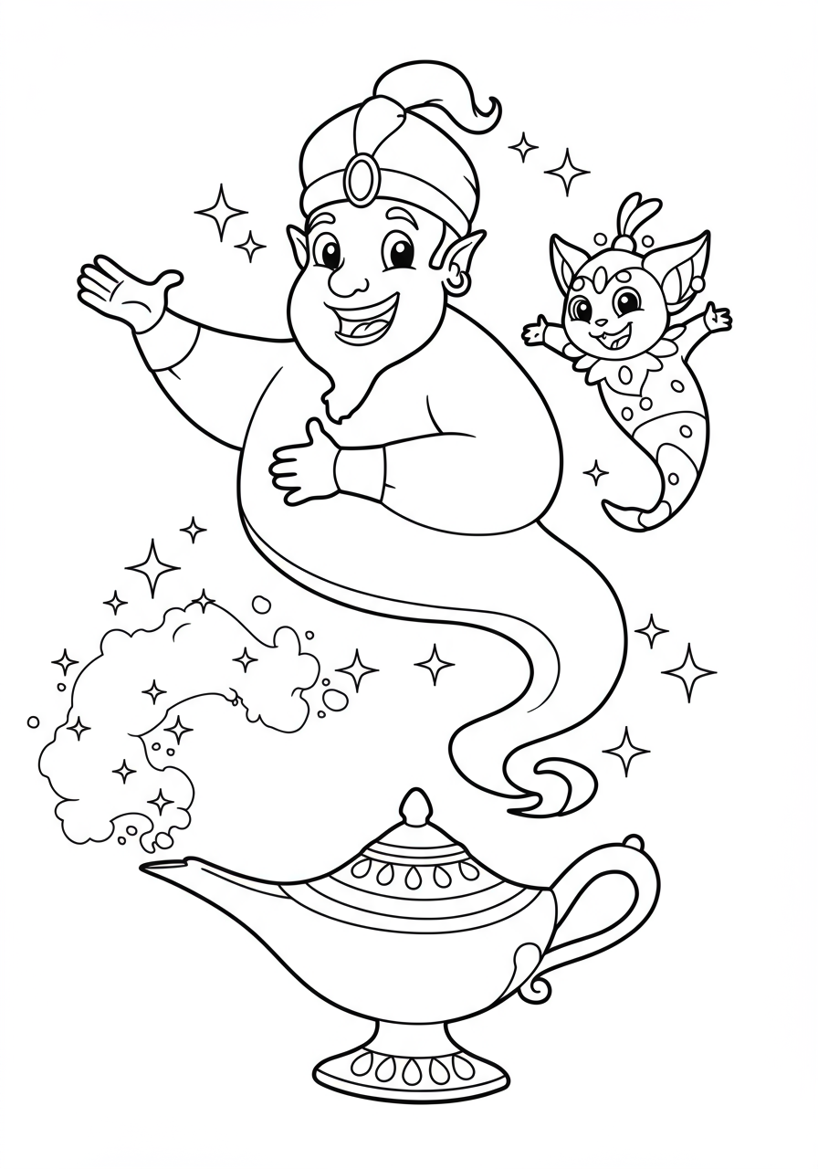 Free printable magic lamp granting wish coloring page for kids, featuring a friendly genie emerging from a classic lamp with bold outlines, perfect for easy coloring.