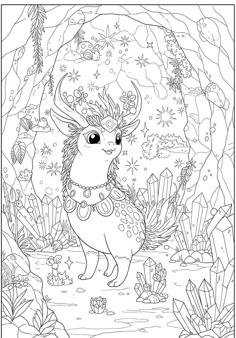 A free printable Magical Glowing Crystal Cave coloring page showing large, easy-to-color crystal formations within a cave setting, suitable for kids.