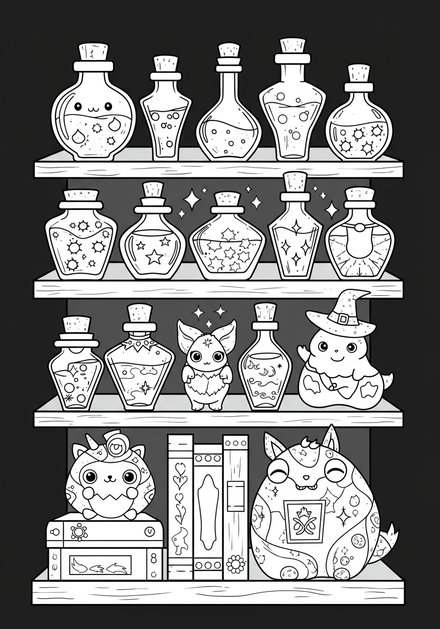 A free printable coloring page featuring a shelf filled with various magical potion bottles in different shapes and sizes, perfect for kids who love fantasy and magic.