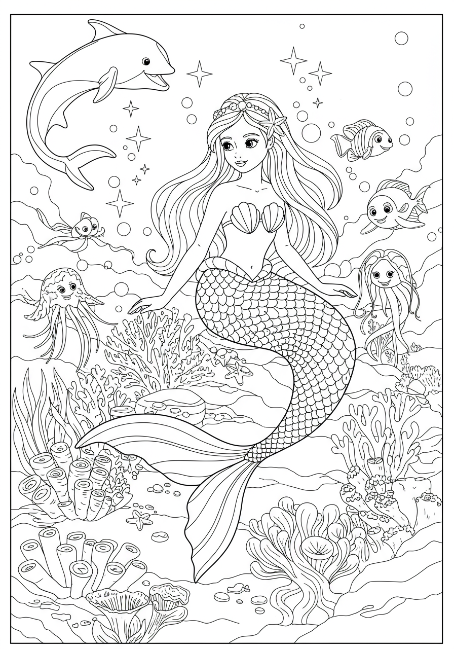 Free printable coloring page featuring a graceful mermaid with a flowing tail, sitting on a vibrant coral reef surrounded by friendly sea creatures.