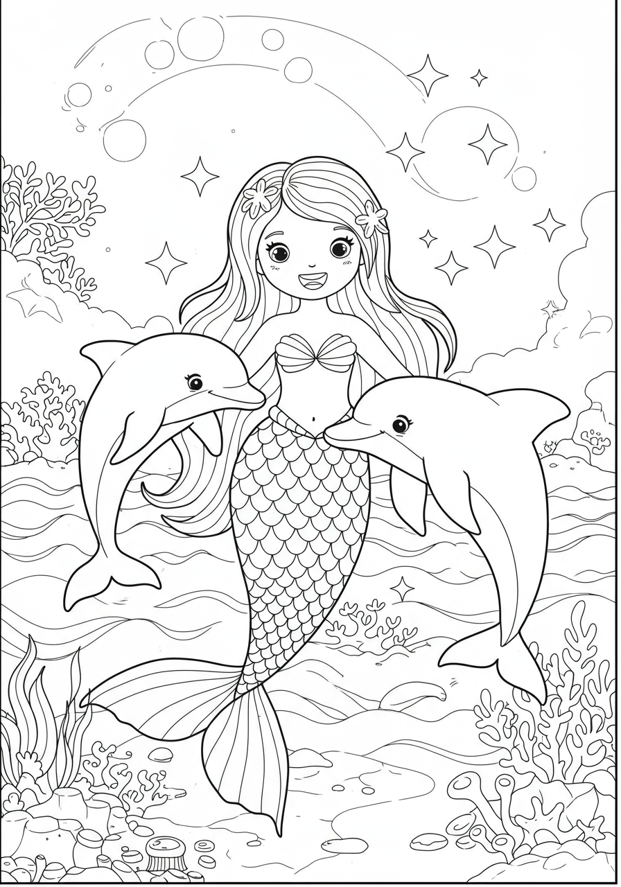 Free printable coloring page featuring a smiling mermaid with flowing hair playing happily with two friendly dolphins in the ocean, perfect for kids.