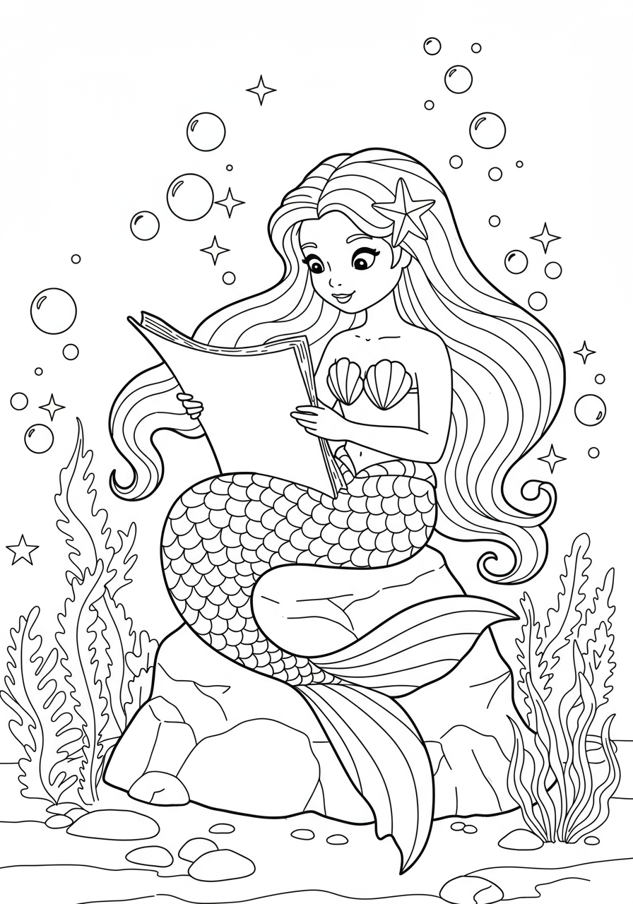 Free printable coloring page depicting a friendly mermaid with long, flowing hair, sitting calmly on an undersea rock and intently reading an ancient, intricately detailed scroll, surrounded by bubbles and simple ocean plants, perfect for children.