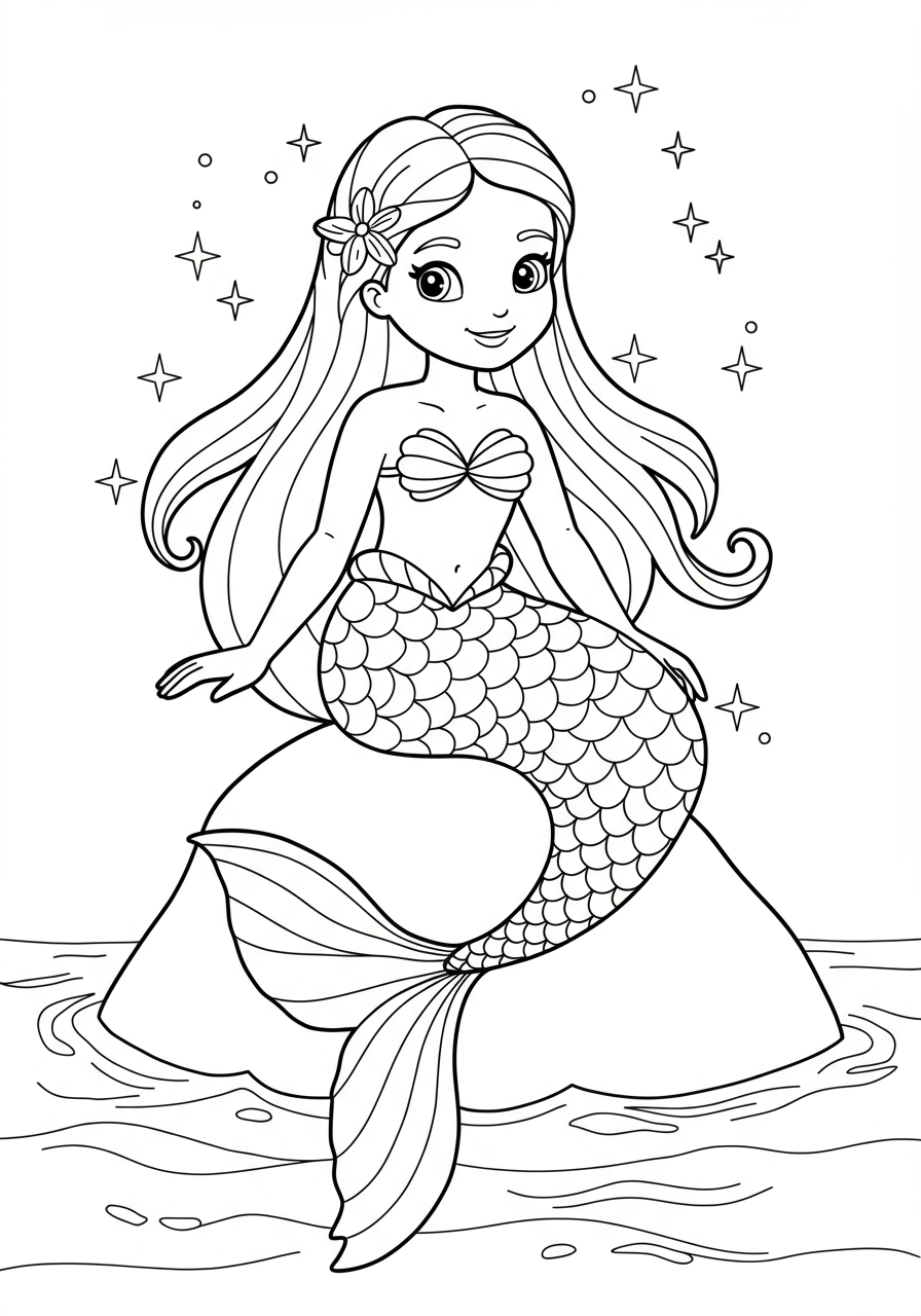 Free printable coloring page featuring a friendly mermaid with a flowing tail, relaxing on a smooth ocean rock, perfect for young children.