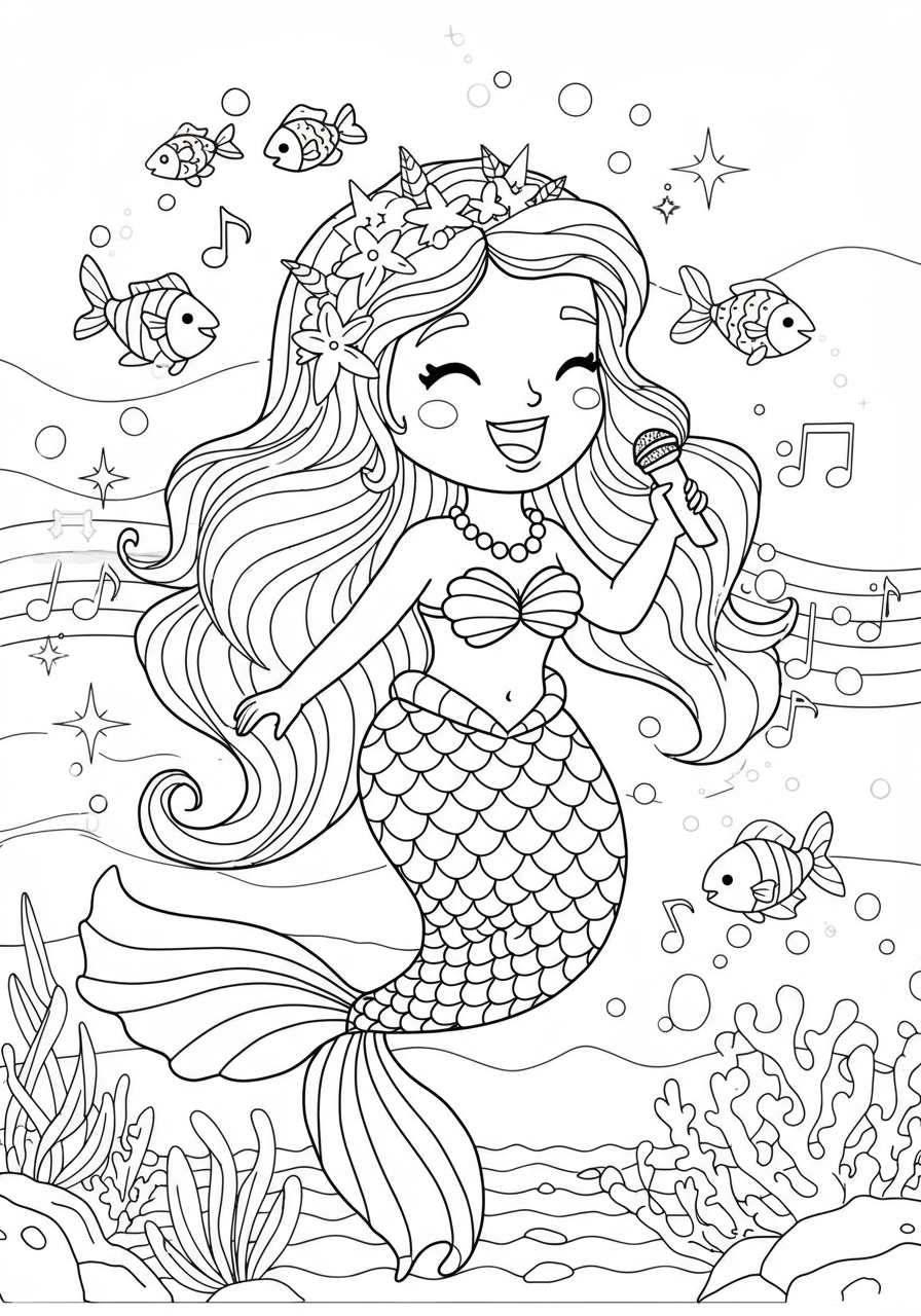 Free printable coloring page featuring a happy mermaid with flowing hair, singing a song, surrounded by musical notes and small fish in the ocean. Easy to color for kids.