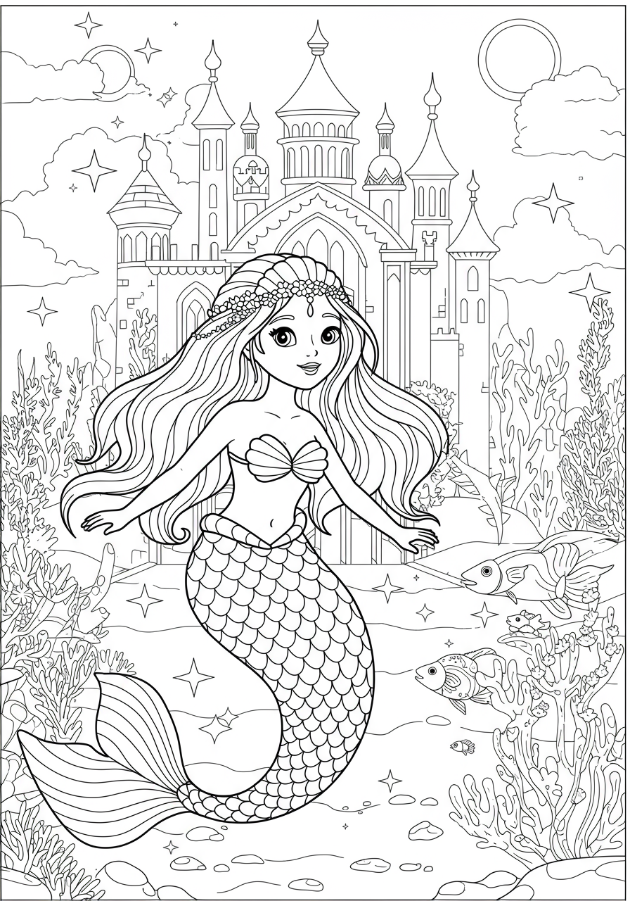 Free printable coloring page depicting a beautiful mermaid swimming in front of an elaborate ocean palace with fish and coral, designed for easy coloring.