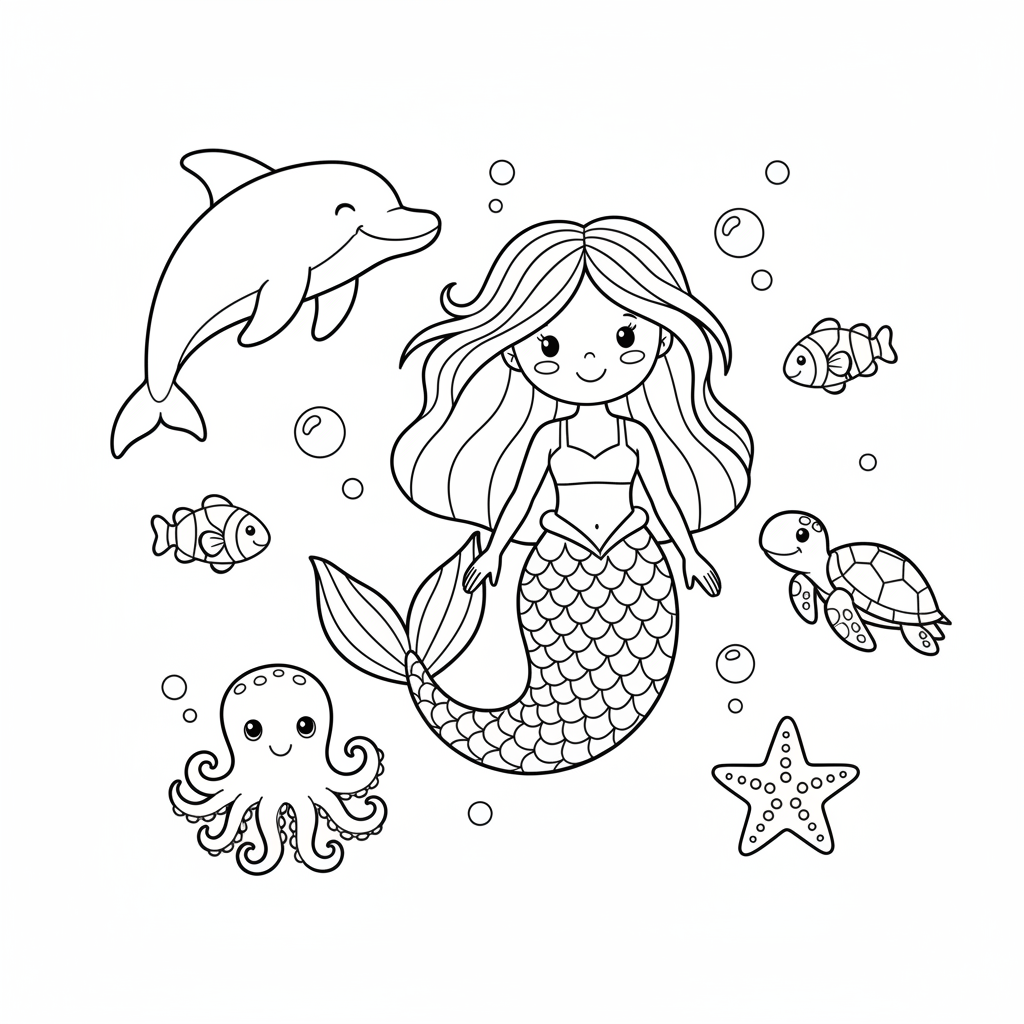 Free printable coloring page featuring a happy mermaid with a flowing tail, surrounded by friendly ocean creatures like fish, a seahorse, and starfish, swimming in clear water.