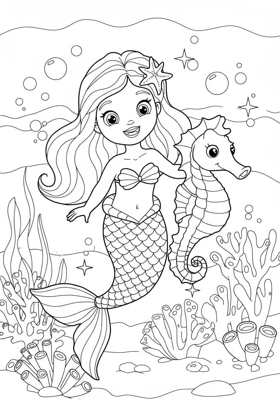 Free printable coloring page featuring a cheerful mermaid swimming alongside her friendly seahorse companion, surrounded by ocean bubbles and coral.