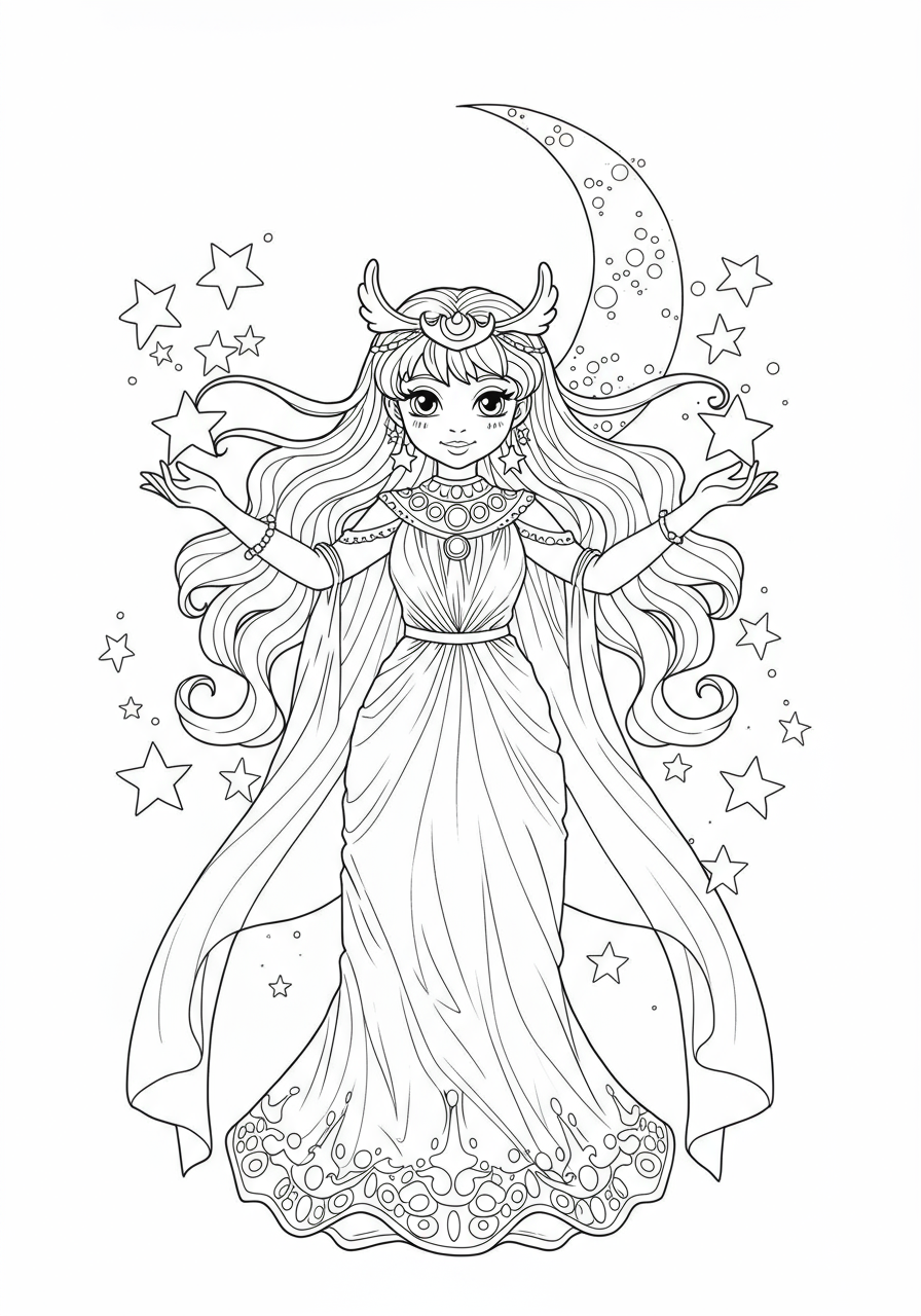 Free printable Moon Goddess holding stars coloring page for kids, a magical fantasy illustration.