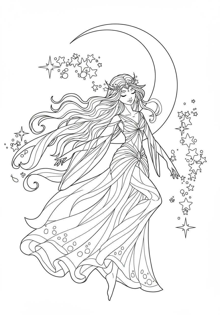 Free printable Moon Spirit Ethereal Dance coloring page featuring a graceful, flowing figure dancing among stars and a crescent moon, perfect for kids.