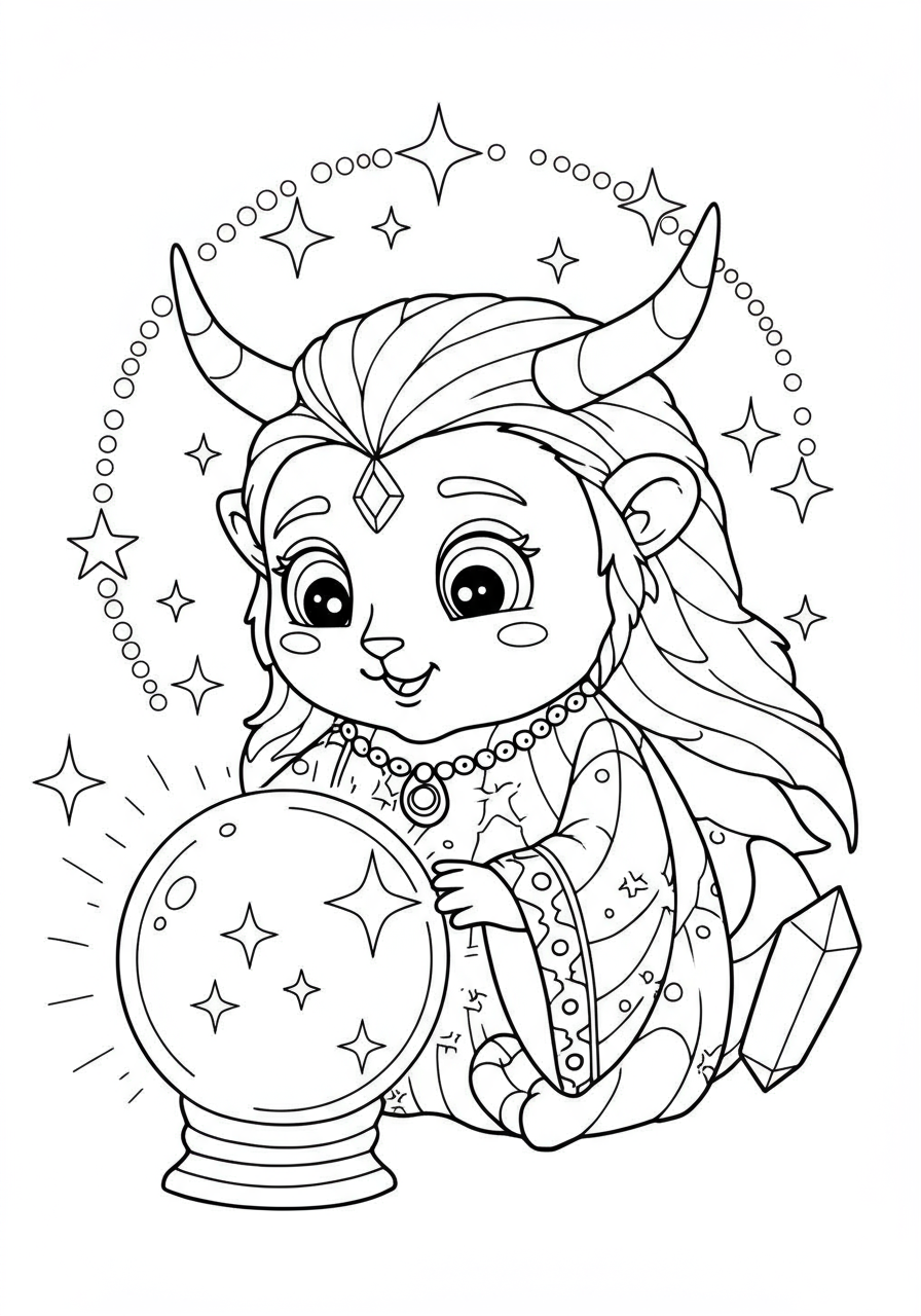 A free printable coloring page depicting a friendly mystic oracle gazing into a glowing crystal ball, surrounded by stars and magic, for kids.
