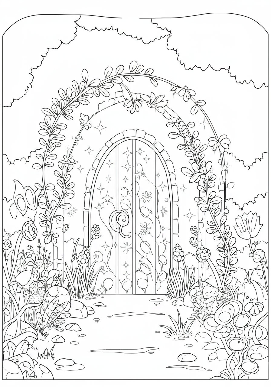 A free printable coloring page depicting a mystical archway gate shimmering with magic, leading to an unknown otherworld, with fantastical plants surrounding it.