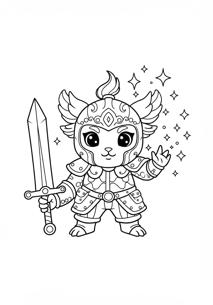 A free printable coloring page featuring an easy-to-color mystical warrior character with a detailed sword, perfect for kids who love fantasy adventures.