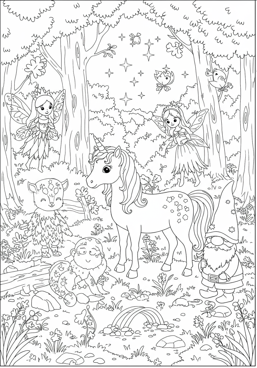A free printable coloring page depicting a peaceful gathering of various mythical forest creatures like a unicorn, fairy, and gnome in a magical woodland setting for kids.