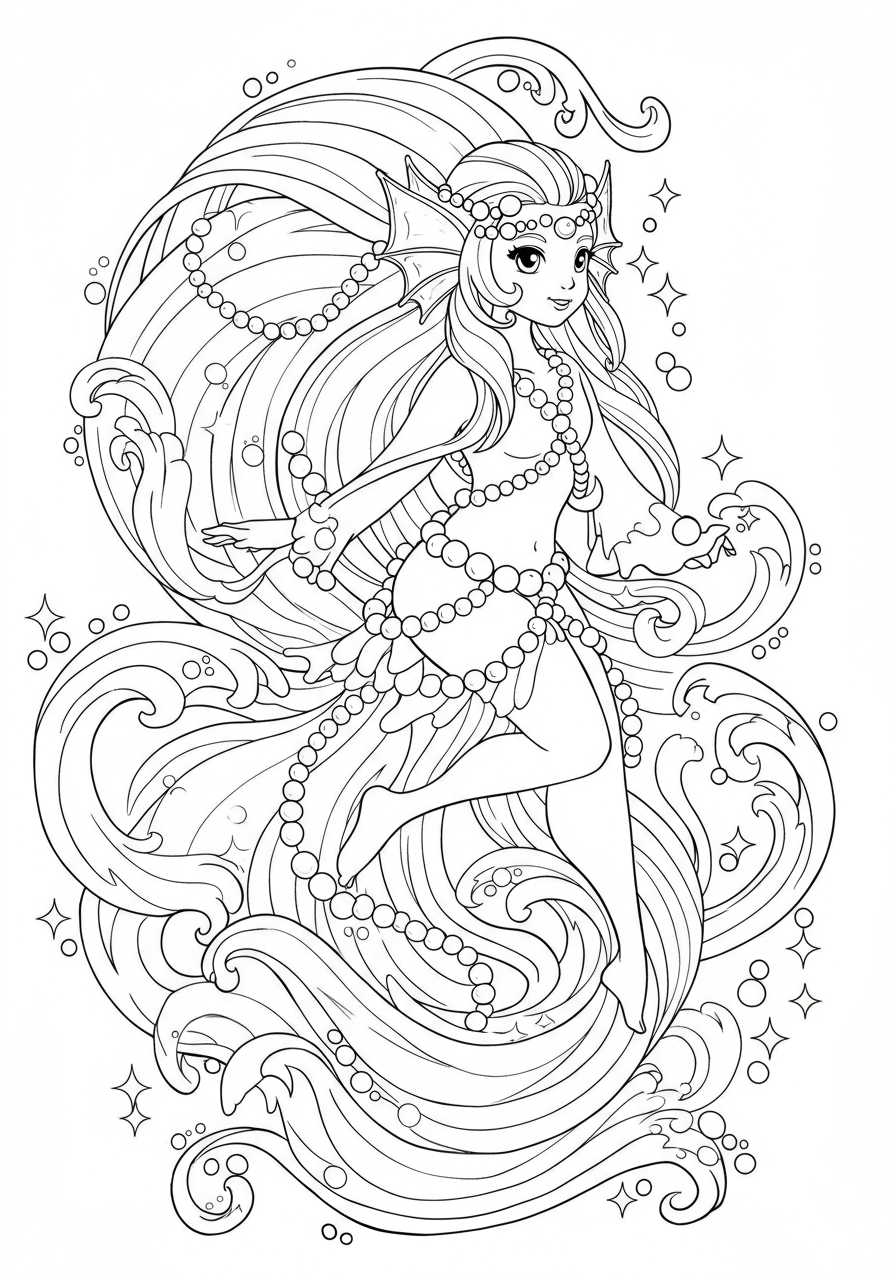 An easy-difficulty free printable coloring page depicting a gentle ocean spirit adorned with shimmering pearls, surrounded by flowing water, perfect for young children to color.