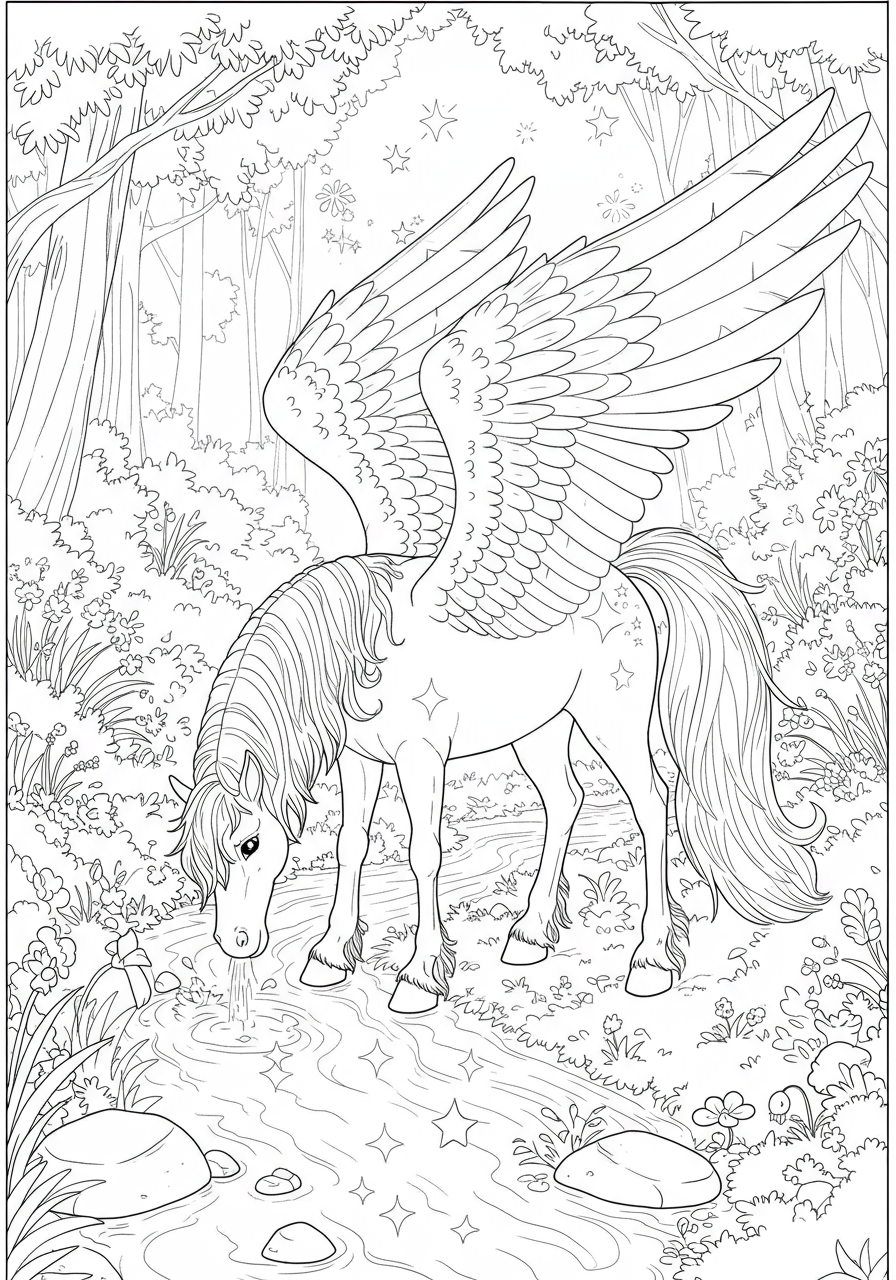 Free printable coloring page featuring a majestic Pegasus with large wings gently drinking water from a flowing stream in a magical forest.