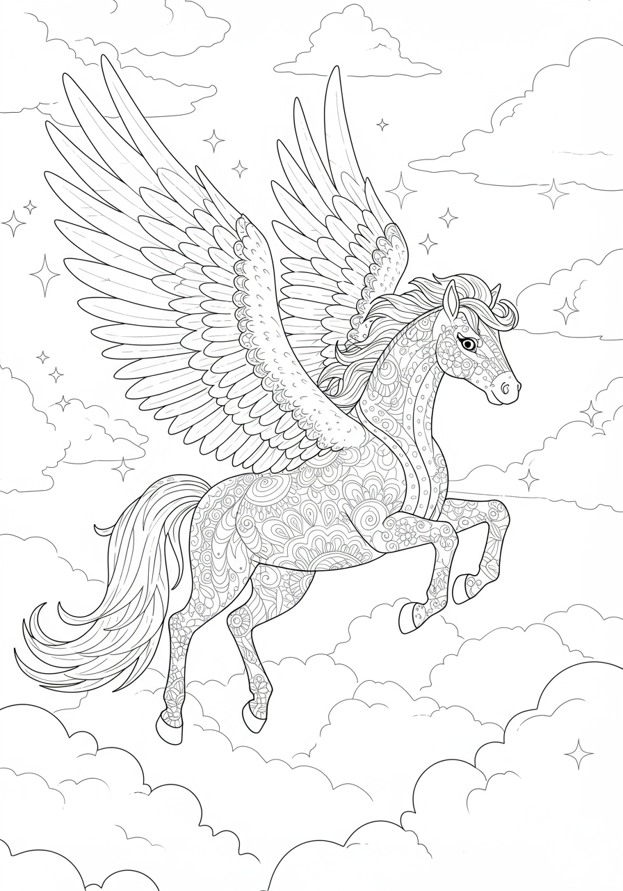Free printable coloring page featuring a majestic Pegasus with large wings flying gracefully through soft, fluffy clouds in the sky, perfect for kids.