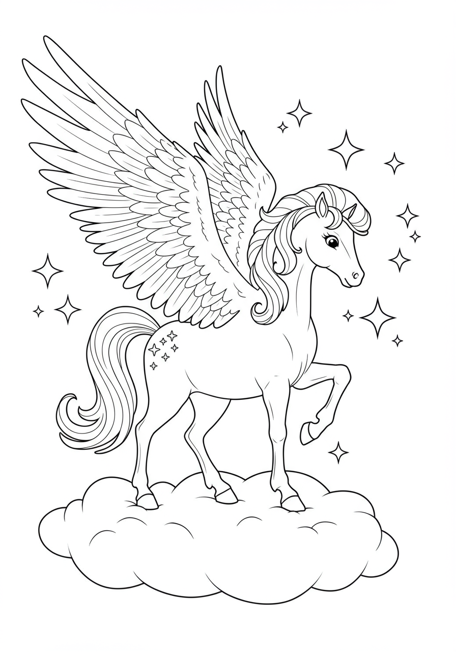 A free printable coloring page featuring a majestic Pegasus with large wings gently landing on a fluffy cloud, perfect for kids.