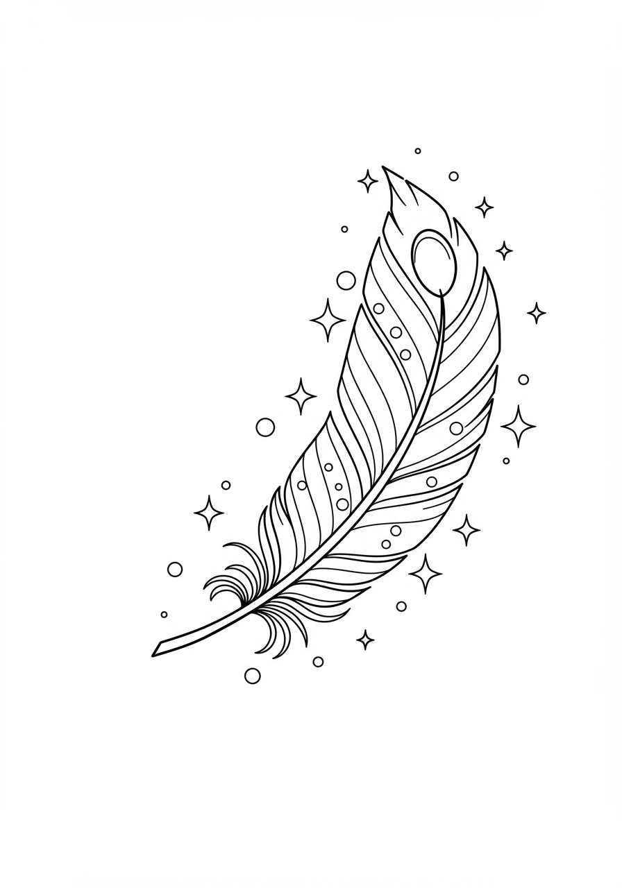 A simple, free printable phoenix feather glowing softly coloring page for kids, showing a single magical feather with soft light around it.