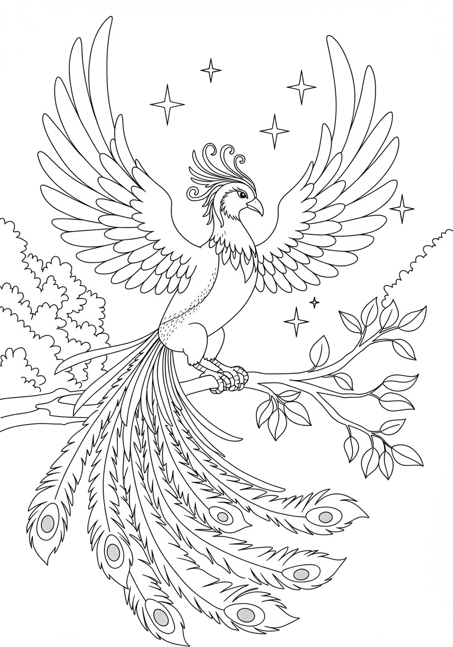 Free printable coloring page featuring an easy design of a majestic phoenix with fiery feathers gracefully landing on a leafy tree branch.