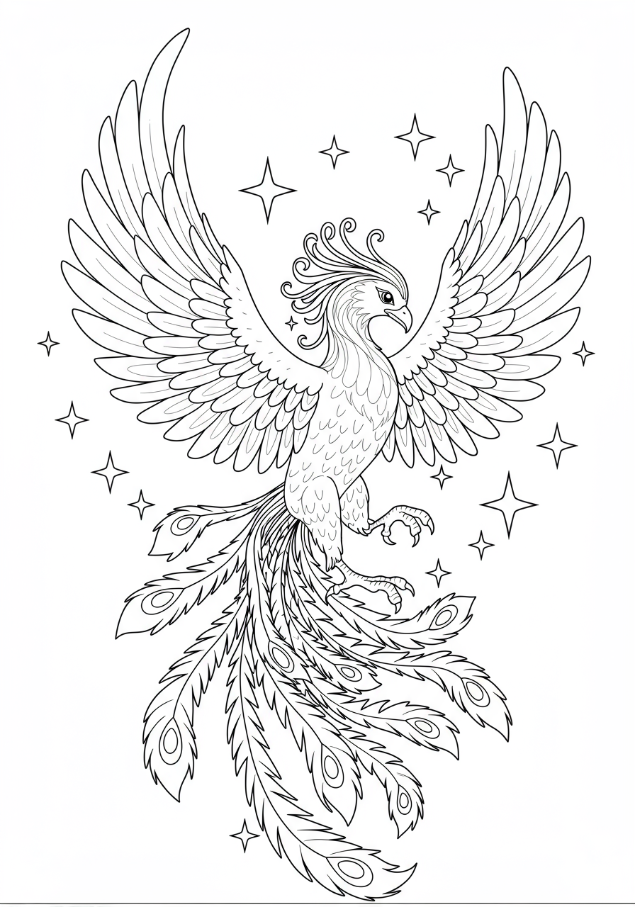 Free printable coloring page featuring a majestic phoenix performing a fiery dance, with spread wings and swirling flames, perfect for kids to color.