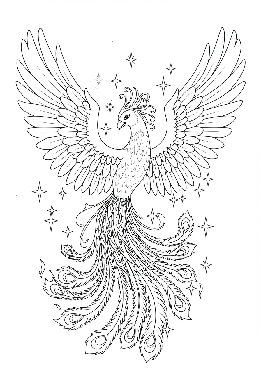Free printable coloring page featuring a majestic phoenix with unfurling wings rising from ashes and gentle flames, perfect for kids.