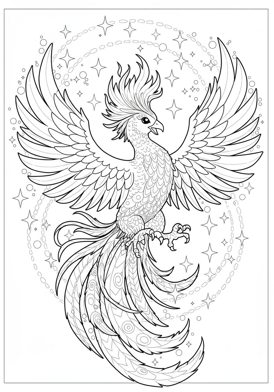 An easy free printable coloring page showing a friendly phoenix bird with outstretched wings, rising from simple flames, suitable for kids.