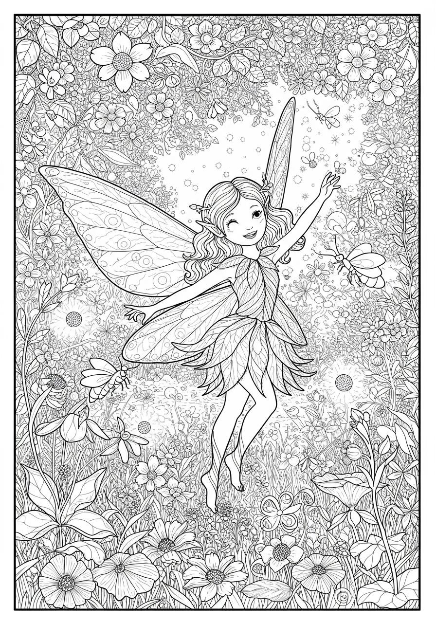 Free printable coloring page featuring a happy pixie with delicate wings, dancing with glowing fireflies in a whimsical night garden.