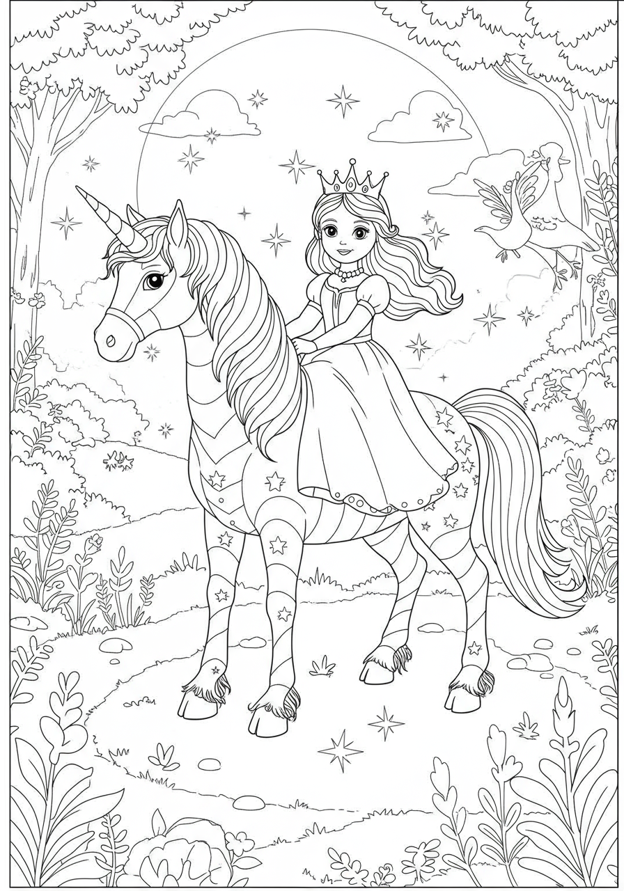 Free printable Princess Riding a Unicorn coloring page for kids, featuring a princess on a majestic unicorn in a magical landscape, perfect for fantasy enthusiasts.