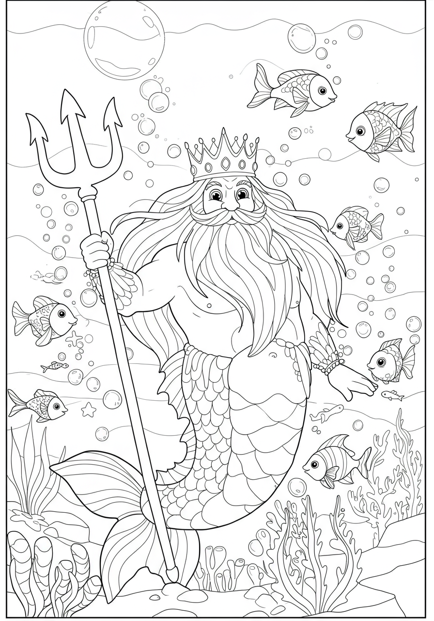 Free printable fantasy coloring page featuring a majestic Sea King with a golden trident, wearing a crown, surrounded by bubbles and friendly ocean fish.